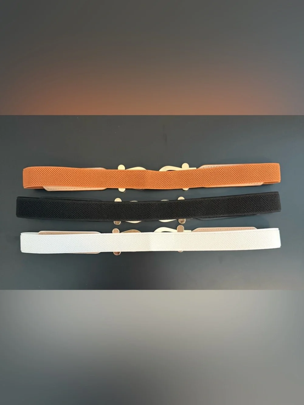 Gold-Link Elastic Waist Belt in White, Brown, and Black